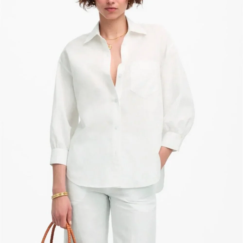 NWT Madewell Women's Sz S White Shirred Button-Up Shirt in Linen-Cotton NV186 - Picture 1 of 10